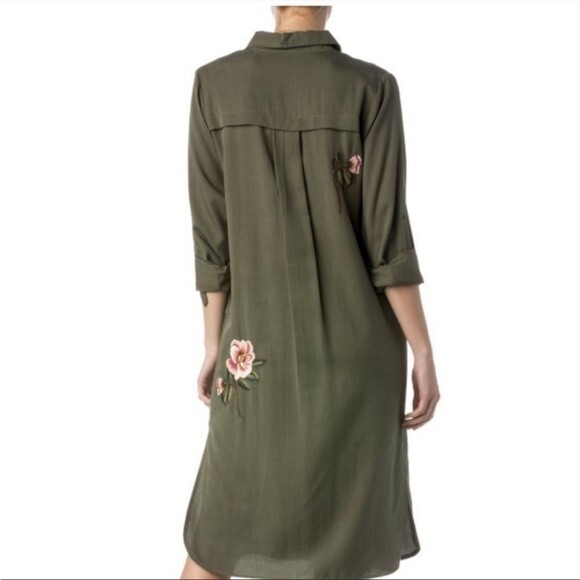 Miss Me Shirt Dress Women's Sz. Small Button Down Olive Green Floral Embroidery - Picture 12 of 12